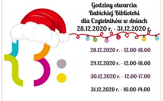 Godziny otwarcia Babickiej Biblioteki dla Czytelników w dniach 28.12.2020 r. – 31.12.2020 r.