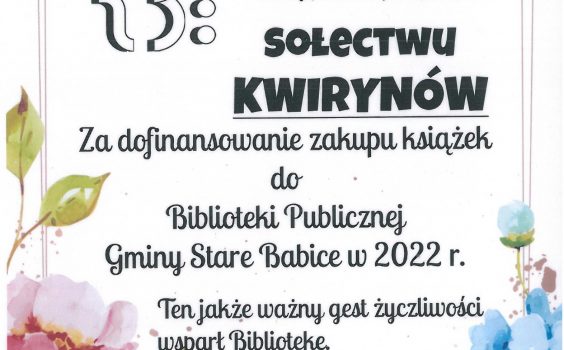 Podziękowanie dla sołectwa Kwirynów.