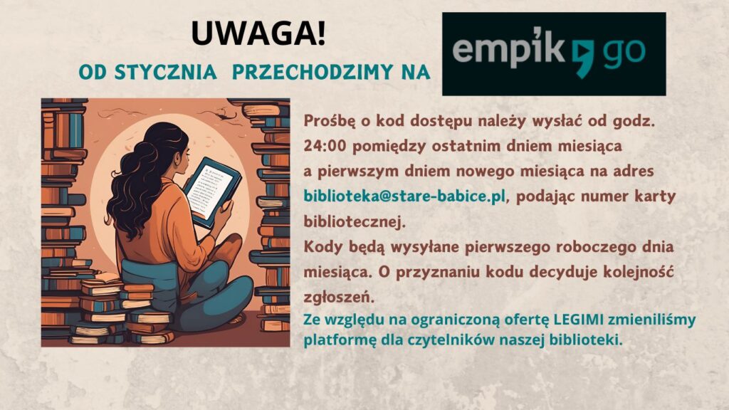 Jak zdobyć bezpłatny kod? Prośbę o kod należy wysłać na maila biblioteki, podając numer swojej karty bibliotecznej. Uwzględniane są zgłoszenia wysłane od godz. 24:009 ostatniego dnia miesiąca. Decyduje kolejność spłynięcia maila na naszą skrzynkę. Kody wydajemy pierwszego dnia pracy w nowym miesiącu.